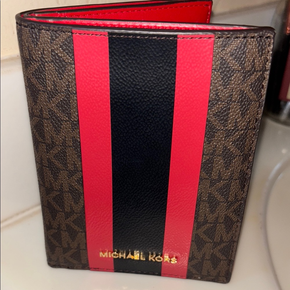 Michael Kors Monogram Black and Red passport holder